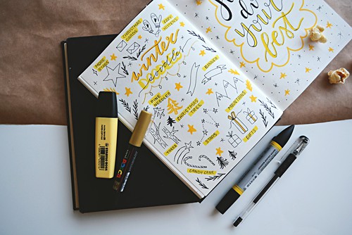Colour yellow highlighter bullet journal with quirky handwriting styles