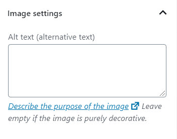 A visual guide of the Image Alt Tag box  in WordPress blocks editor so that you know where write the purpose of that image.